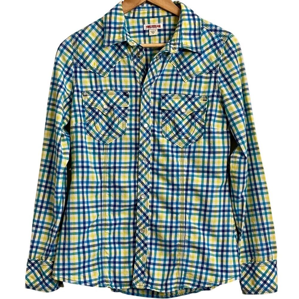 Men’s True Religion Plaid Western Pearl Snap Shirt Size M